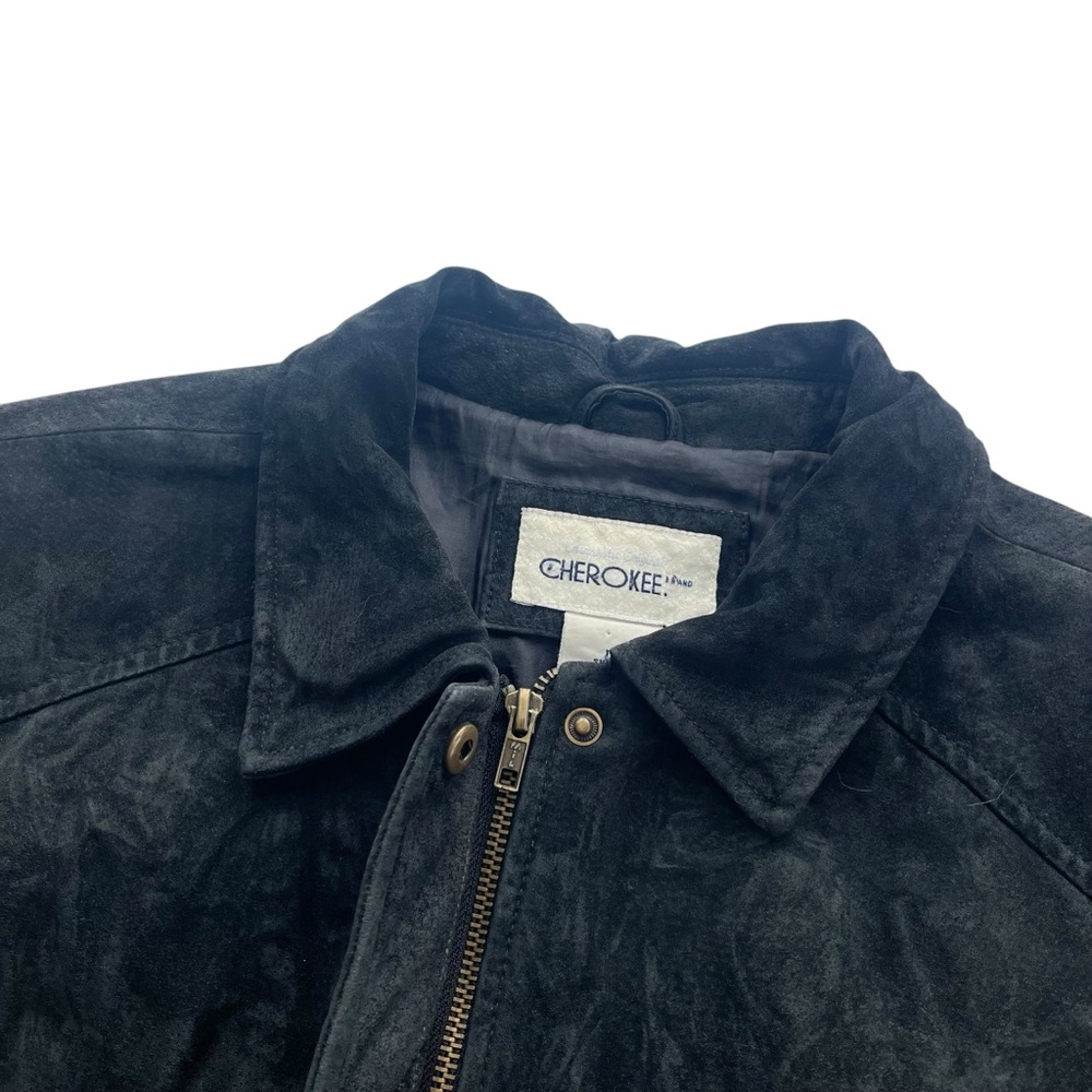 Authentic Original Cherokee Womens L Black Suede Leather Zip Long Jacket Vintage